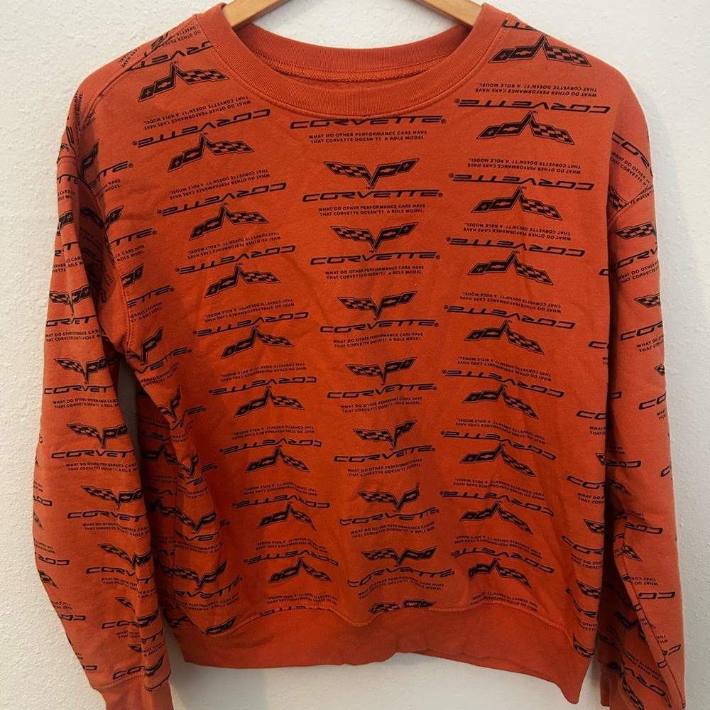Corvette Sweatshirt Adult Medium Orange Cotton Blend Pullover Ribbed Hem